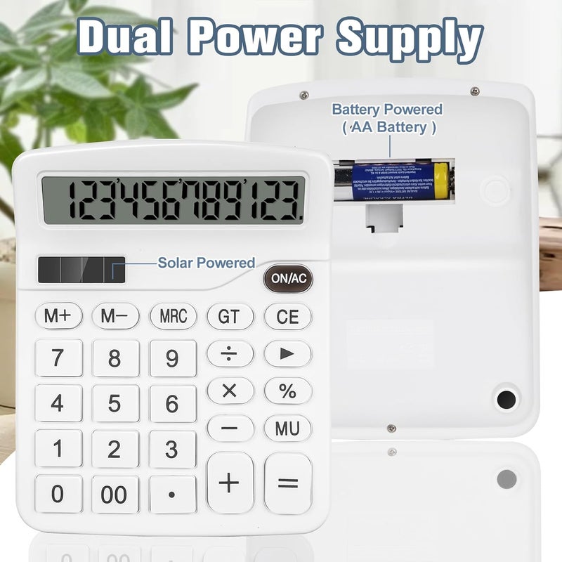 HUTUDD Desktop Calculator, White Calculator Big Buttons, 12-Digits Large LCD Display, Solar and AA Battery Dual Power, Desk Calculators for Office Home School Business Class (White) - Image 2